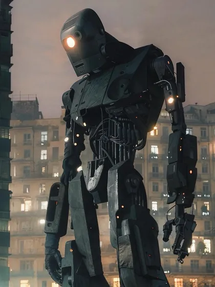 A different angle of the giant robot from 'Midnight in Mumbai', emphasizing its scale and imposing presence against the city's architecture.
