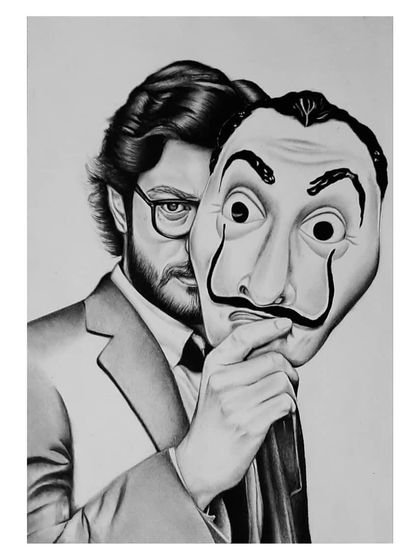 The 96-hour process of drawing El Professor. These images show the careful work of capturing his likeness and the iconic Dali mask.