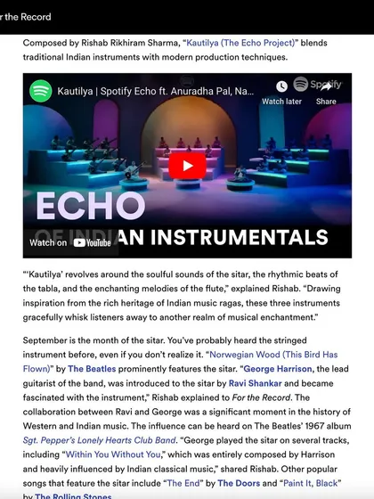 The Spotify article features the 'Kautilya' music video, explaining how the project blends traditional instruments with modern techniques.