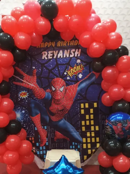 Another angle of our popular Spiderman theme balloon setup.