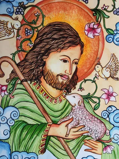 This piece, 'Jesus, The Good Shepherd', is created in the traditional Kerala mural style. I use specific color palettes and detailed line work to bring a sense of peace and divinity, blending ancient art forms with personal faith.