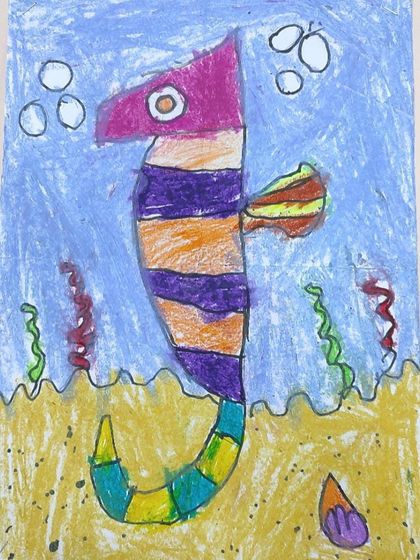 This seahorse features beautiful color transitions on its tail and fins, a technique we teach to add depth and interest to drawings.