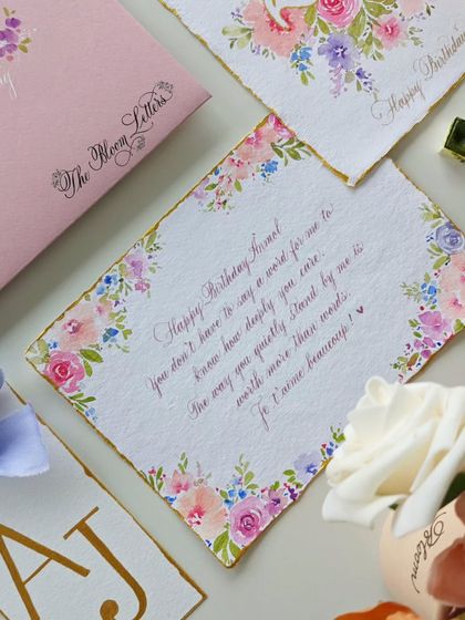 The thought of receiving a handwritten letter, painted with love, is truly beautiful. This birthday note features delicate florals on deckled edge paper, a keepsake to treasure.