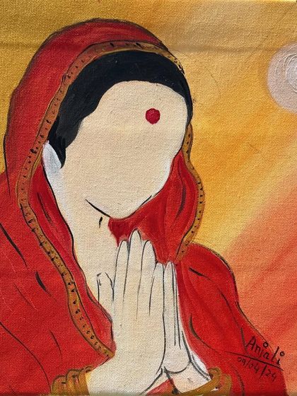 A simple, heartfelt painting of a woman in prayer, created during an Indian New Year celebration. The warm colors and folded hands convey a sense of devotion and peace.