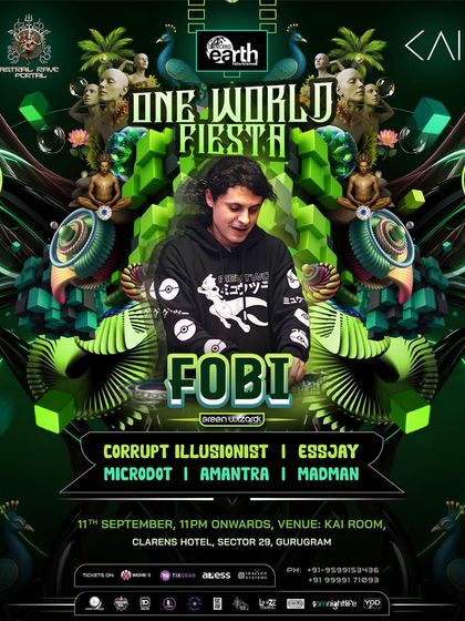 The main event poster for 'One World Fiesta' featuring Macedonian artist FOBI. We ensure our promotional art is as psychedelic and captivating as the music itself.