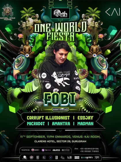 The main event poster for 'One World Fiesta' featuring Macedonian artist FOBI. We ensure our promotional art is as psychedelic and captivating as the music itself.
