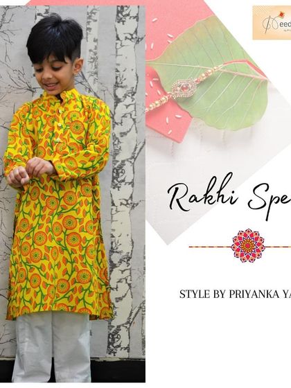This bright yellow floral printed kurta is made from soft, breathable cotton, paired with a simple white pajama. It's a cheerful and comfortable outfit, perfect for a long day of festival fun. Image 36 shows another angle.