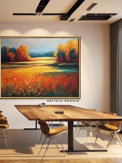 A beautiful landscape with a field of flowers brings warmth and color to this modern office space.