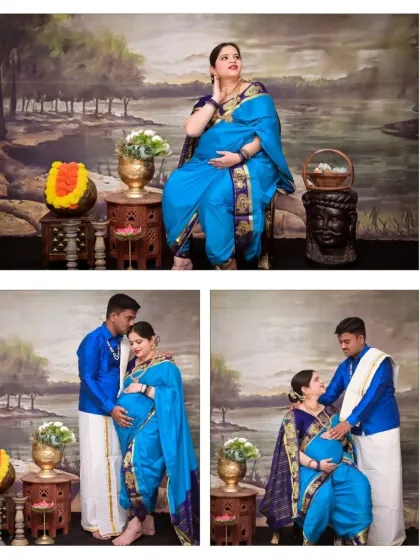 A collection of poses from a traditional family maternity shoot. These images capture the loving interactions between the couple and the beautiful solo portraits of the mom-to-be in her stunning blue saree.