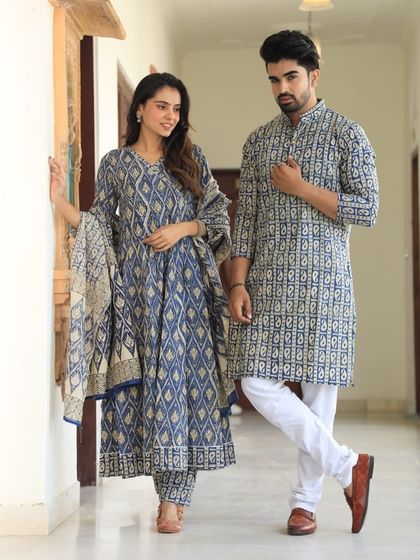 Another view of the indigo paisley printed couple set, showing the full outfit and the beautiful drape of the Anarkali and dupatta.