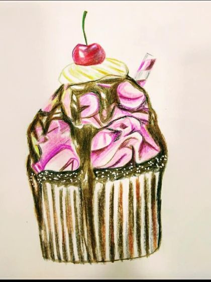 A very decadent-looking cupcake, showing great skill with color pencil blending.