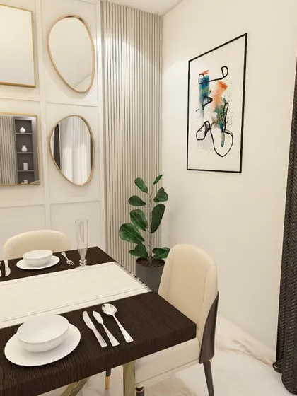 The dining area in our ATS Pristine design features a gallery wall of mirrors, which makes the space feel larger and brighter.