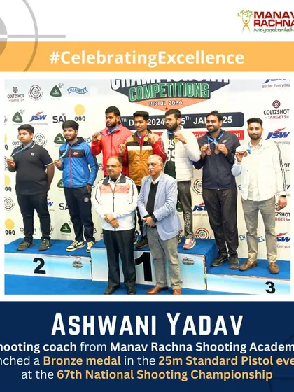 Our shooting coach Ashwani Yadav on the podium after winning a bronze medal in the 25m Standard Pistol team event at the 67th National Shooting Championship.