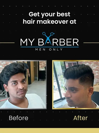 A picture is worth a thousand words. This before and after photo shows the power of a professional haircut, featuring a clean side fade and a neatly styled top.