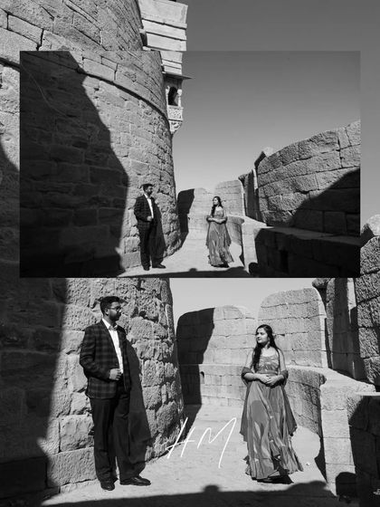 A black and white diptych of a couple within the stone corridors of Jaisalmer Fort, using strong shadows and light to create a dramatic, high-contrast image.