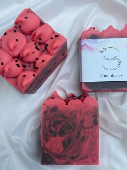 My "Chocoberry" soap smells as delicious as it sounds, with notes of chocolate and strawberry. The top is textured and sprinkled with poppy seeds.