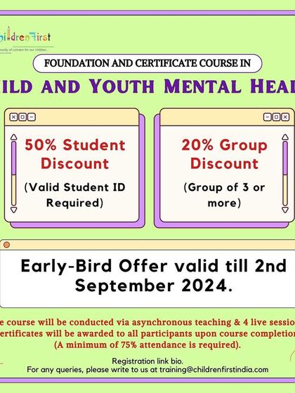 We offer special discounts to make our CYMH course accessible to students and groups. This visual details our 50% student discount and 20% group discount, along with the deadline for the early-bird offer.