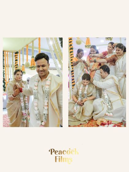 A diptych capturing key rituals from a South Indian wedding, including the Varmala and the blessings from family.