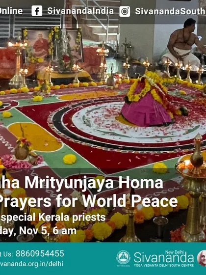 An announcement for a Maha Mrityunjaya Homa and Prayers for World Peace. We conduct these powerful fire ceremonies with special priests from Kerala to send intentions of healing and peace out into the world.