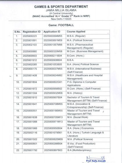 The official list of candidates selected under the sports quota for Football for the 2025-26 session. It shows the wide range of courses available, including BBA, M.A. History, and B.Com.