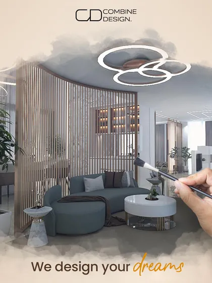 We design your dreams. This graphic shows a paintbrush turning a sketch into a beautiful, rendered living room.