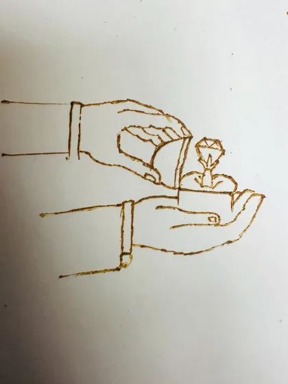 A sketch showing a proposal scene with a ring box. Learning to draw these small, symbolic elements adds a personal touch to any bridal design.