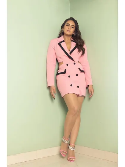 A final look at the pink cutout blazer dress, a perfect choice for a bold and trendy client.