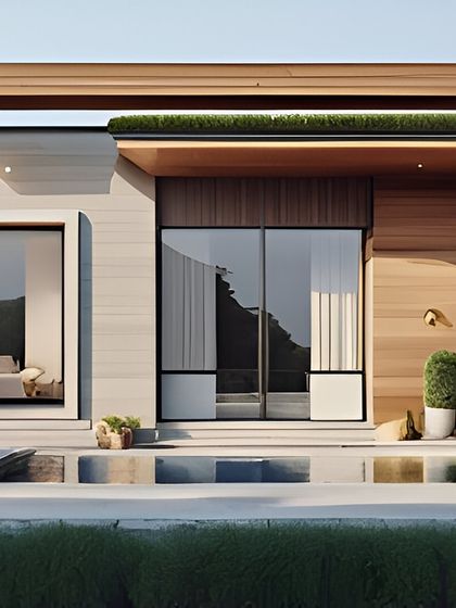 Warm wood accents add depth and character to this modern design, where the pool shimmers in harmony with its natural surroundings.