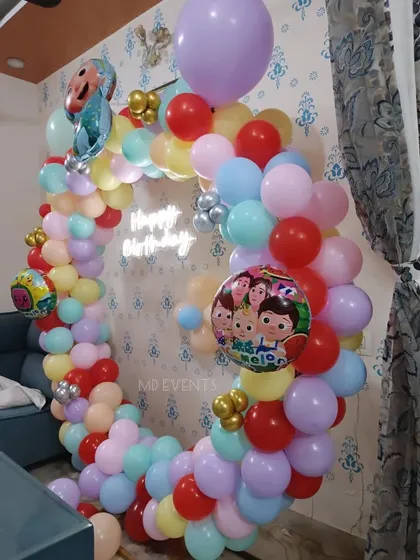 A close-up of the Cocomelon balloon arch, showing the different sizes and colors of balloons used to create a full and festive look.