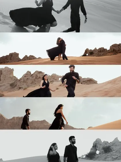 A storyboard of moments from an elopement shoot in the Dubai desert. This collage shows the couple running, laughing, and sharing quiet moments, capturing the full narrative of their adventure.