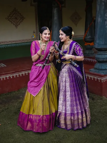 The vibrant colors of the sarees and the traditional props like sugarcane make these festival portraits lively and authentic.