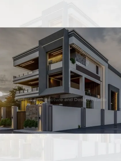 This architectural render showcases a luxury modern villa designed with bold, geometric lines. The exterior highlights a contrast of materials, cantilevered upper floors, and extensive use of glass to create a sophisticated and contemporary residence.