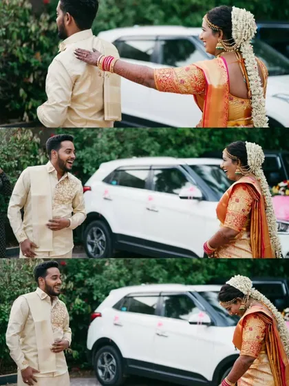 A fun and candid 'first look' sequence from a South Indian wedding, capturing the groom's surprised and happy reaction.