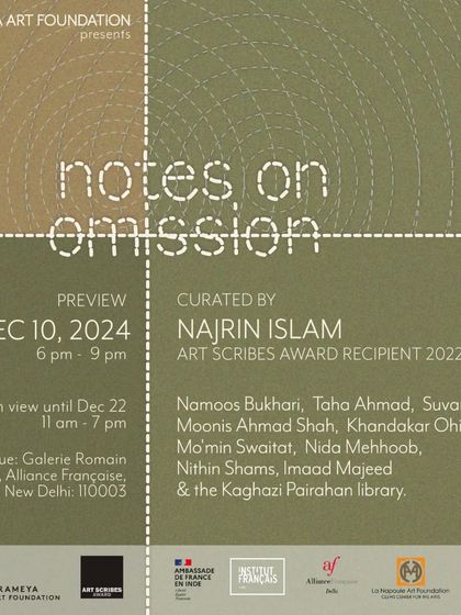 The poster for the "Notes on Omission" exhibition, curated by an Art Scribes Award recipient. We partner with foundations like Prameya to host exhibitions that explore critical themes of history, identity, and representation.