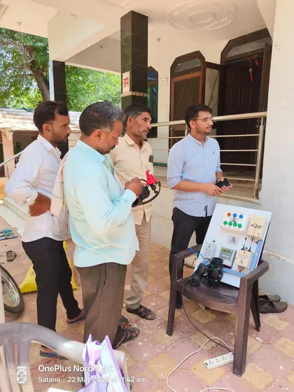 We believe in bringing knowledge directly to the villages. Here, our expert uses a portable demo kit during a Kisan Sabha in Med village, Jaipur, to explain the workings of our Autodrip and Hydromat automation systems. This hands-on approach helps farmers understand the practical benefits of smart irrigation.