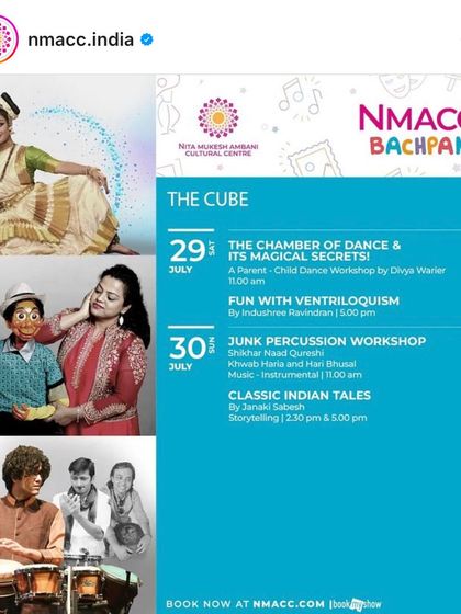 The official event poster from the Nita Mukesh Ambani Cultural Centre (NMACC) for their 'Bachpan' festival, featuring my show 'Fun with Ventriloquism'.