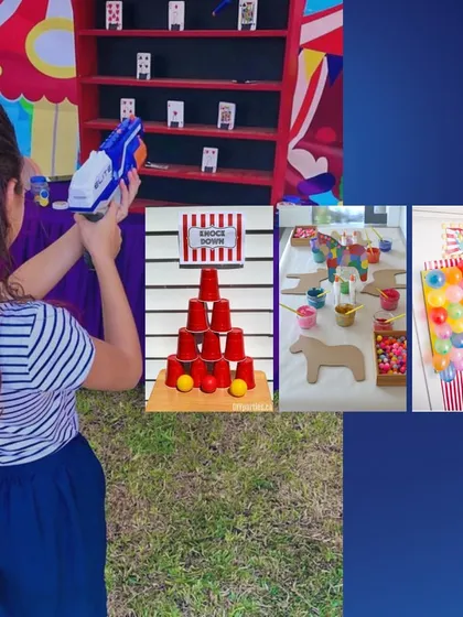 A collage of our kids' game zones, featuring activities like balloon dart boards, cup stacking challenges, and Nerf gun target practice. We set up a variety of games to keep children of all ages entertained.