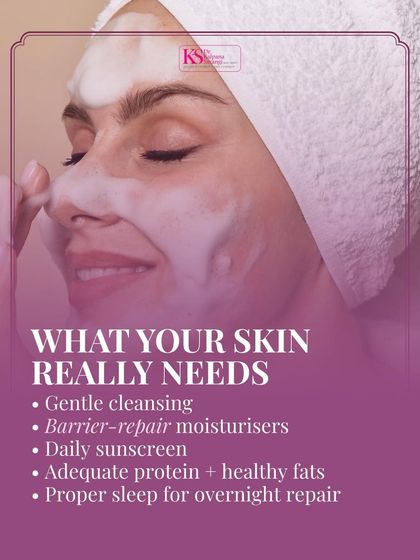 What does your skin really need? It's simpler than you think. This graphic outlines the fundamentals: gentle cleansing, barrier-repair moisturizers, daily sunscreen, adequate protein, and proper sleep. These are the pillars of healthy skin.