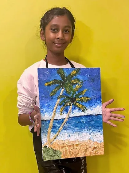 This vibrant beach scene was made using a palette knife technique to create thick, beautiful texture. I teach a variety of methods so kids can find new ways to express themselves.