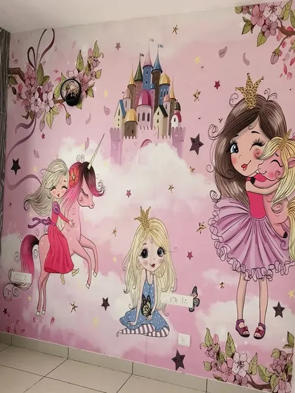 I create magical spaces for kids with custom-designed wallpapers. This enchanting princess and unicorn mural transformed a child's bedroom into a fairytale scene. I can work with any theme to bring your child's imagination to life on their walls.