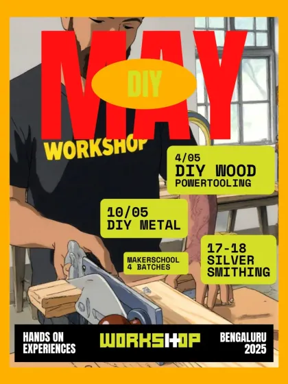 Our workshop schedule for May, featuring hands-on experiences in DIY Wood, Metalworking, and Silversmithing. Book your spot for a full day of making.