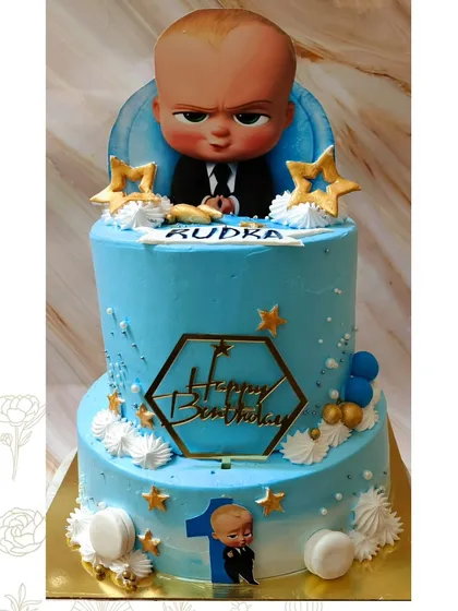 This two-tier Boss Baby cake in Ferrero Rocher flavor is perfect for a little one with a big personality.