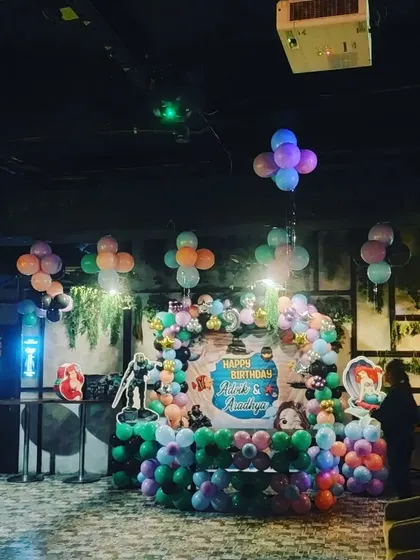 A wide view of the venue decorated for the Halo and Mermaid theme party.