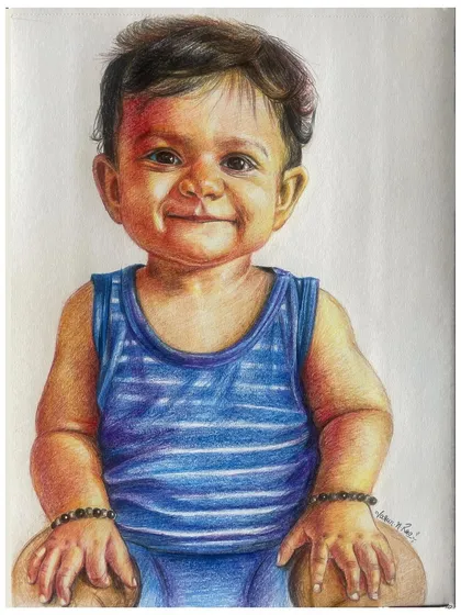 This is one of the most satisfying portraits I've had the joy of creating. Capturing the innocent smile and chubby cheeks of a baby with color pencils is a special process. I use high-quality Faber-Castell Polychromos pencils to bring out the soft textures and warm tones, creating a timeless keepsake for the family.