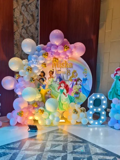 A full view of the princess stage, showing how the lighting enhances the magical feel of the decor.