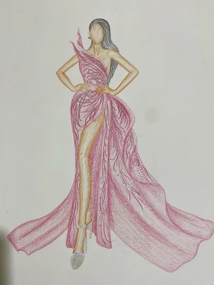 A beautiful fashion illustration from a student's portfolio. We teach you to bring your creative vision to life, starting with foundational sketching and moving to full-color rendering.