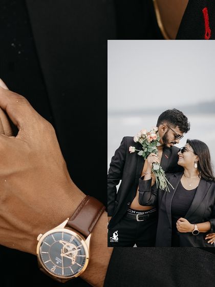 A stylish close-up focusing on the details of the groom's watch and the couple's pose during their modern beach shoot.