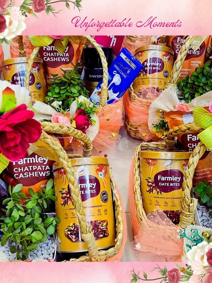 Unforgettable moments created with bulk orders of my festive hampers. This image shows multiple baskets filled with Farmley snacks and other goodies, ready to make a big impression at a corporate event or large family gathering.