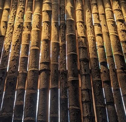 A close-up of the bamboo ceiling at Unnathi Farm, showcasing the texture and rhythm of this sustainable and locally sourced material.