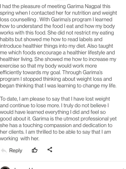 A duplicate of image 18, this detailed review shows how my nutrition and weight loss counselling program helps clients understand their body and food, leading to sustainable lifestyle changes.